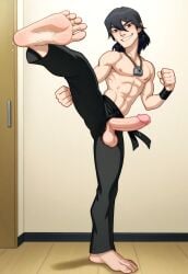 ai_generated barefoot ben_10 black_hair brown_eyes dick_out erection hard_cock kevin_levin kicking male_feet martial_arts martial_arts_uniform muscular_male partially_clothed shirtless_male smirk smug sweaty
