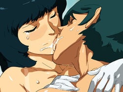 1boy 1girls 2009 closed_eyes cum cum_swap fa_yuiry female gloves green_hair gundam kamille_bidan kissing male opocom saliva snowballing straight sweat tan tanline tears tongue volvox zeta_gundam