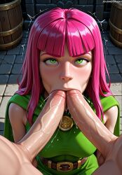 1boy 2boys ai_generated archer_(clash_of_clans) archer_(clash_royale) bangs barrel belt blunt_bangs blush breasts cape clash_(series) clash_of_clans clash_royale clothed_female_nude_male clothing dress erection fellatio female freckles green_cape green_eyes group_sex jousneystudio large_penis long_hair looking_at_viewer looking_up male medium_breasts mmf_threesome multiple_boys nose nude oral patreon penis pink_hair saliva sleeveless solo_focus stone_floor straight supercell tearing_up testicles threesome trembling upturned_eyes veins veiny_penis