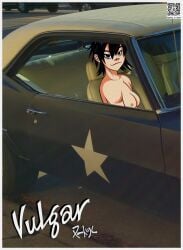 asian asian_female black_hair breasts car casual casual_nudity gorillaz harrisartz inside_car noodle_(gorillaz) nude_female smirk smirking_at_viewer
