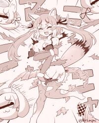 animal_ears bra breasts extra_ears female fox_ears fox_girl fox_tail gloves hat highres island_fox_(kemono_friends) jacket kanihai kemono_friends kemono_friends_v_project large_breasts long_hair metamimi microphone nipples pantyhose ribbon simple_background skirt tail tears twintails underwear virtual_youtuber