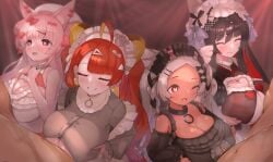 4boys 4girls after_paizuri ahoge animal_ears bare_shoulders black_dress black_hair breasts breasts_squeezed_together cat_ears cleavage closed_eyes cum cum_on_body cum_on_breasts dark-skinned_female dark_skin dot_nose dress gaou_torai group_sex hair_ornament hairclip head_ornament heart heart-shaped_pupils heart_hair_ornament highres huge_breasts indie_virtual_youtuber jewelry jigokumachi_rinse large_breasts long_hair manpuku_torte mikasayaki multiple_boys multiple_girls nekobuki_kemuri open_mouth paizuri pale_skin pink_hair red_eyes ring shortstack smile symbol-shaped_pupils twintails virtual_youtuber white_hair