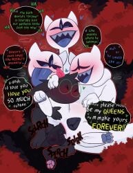 3_eyes 3_heads anal animal_genitalia animal_vulva balls black_body black_fur blue_tongue blush blush_lines canine_genitalia canine_vulva closed_eyes clover_(deltarune) crushpepper deltarune english_text fur genitals hi_res horn lying multi_eye multi_head on_side ralsei sharp_teeth speech_bubble tagme teeth text tongue undertale_(series) white_body