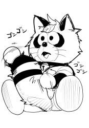 2025 anthro canid canine dorabase doraemon genitals hi_res japanese_text kemono leaf male mammal masshiro masturbation penis pokoemon_(character) raccoon_dog simple_background sitting solo tanuki text