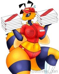 1girls abdomen antennae antennae_(anatomy) anthro anthro_female anthro_only anthrofied arthropod arthropod_abdomen artist_name asthma__tan background bee black_eyes black_lines breasts cap clothed clothed_female clothing delivery delivery_employee delivery_girl female female_focus female_only fur furry furry_female furry_only headgear headwear holding_box holding_object holding_pizza_box huge_breasts huge_thighs insect_girl insect_wings insects large_breasts leggings long_socks looking_at_viewer multicolored_body name_tag nervous nervous_expression nervous_face nervous_female nervous_sweat no_pants object objects oc one_leg_bent original original_character panties pantless pizza pizza_bee_(xexeezy) pizza_box pizza_delivery pizza_girl red_clothing red_outfit red_panties red_shirt red_underwear repost simple_background socks solo solo_female stinger teeth thick_thighs thighs twitter_username underpants underwear uniform watermark white_background white_pupils wide_hips wings yellow_fur yellow_skin yellow_wings