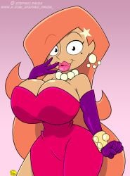 1girls beaded_necklace beauty_mark big_breasts big_lips bracelet cleavage curvaceous curvy_body curvy_female curvy_figure earrings female gloves hair_over_one_eye hourglass_figure huge_breasts ilpanza large_breasts lipstick mr._bean:_the_animated_series mr._bean_(series) necklace orange_hair pink_lipstick purple_gloves red_dress red_hair round_breasts small_waist tan_skin the_female_celebrity voluptuous voluptuous_female wide_hips