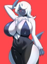 2025 absol anthro anthro_only arm_behind_head black_dress blue_tail blushing breasts breasts_bigger_than_head classy cleavage dress enormous_breasts fanart_from_twitter fancy_clothing female furry generation_3_pokemon giant_breasts hair_over_one_eye horn hourglass_figure huge_breasts hyper_breasts inner_sideboob loincloth navel_visible_through_clothes no_ai pokemon red_background red_eye sideboob solo tail twitter_link voluptuous voluptuous_female white_fur white_hair wide_hips ytrall