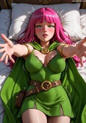 ai_generated archer_(clash_of_clans) archer_(clash_royale) armlet bed bed_sheet belt belt_pouch blunt_bangs blush breasts brown_belt cape clash_(series) clash_of_clans clash_royale cleavage clothing dress female from_above green_cape green_cloak green_dress green_eyes incoming_hug jousneystudio large_breasts lips long_hair looking_at_viewer lying on_back on_bed outstretched_arms parted_lips patreon pillow pink_hair reaching reaching_towards_viewer short_dress solo supercell teeth thighs trembling