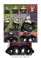 absorption_vore absurd_res ambiguous_gender anthro big_breasts breasts comic digestion foxynoms generation_1_pokemon generation_4_pokemon generation_7_pokemon hi_res huge_breasts hyper hyper_breasts mammal mimikyu nintendo nipple_piercing nipples piercing pokemon pokemon_(species) purple_body red_eyes speech_bubble tail tentacle transformation vore weavile