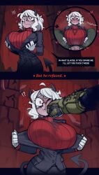 ai_assisted ai_generated begging begging_for_life blazer caption cattlec clothed_female clothed_sex doom doom_slayer_(doom) edit edited english_text face_punch heart helltaker horns huge_breasts imminent_death imminent_rape massive_breasts misogyny modeus_(helltaker) nervous pain paizuri paizuri_invitation paizuri_under_clothes punch punched_in_face punching red_eyes red_sweater rejection ryona sexism suit sweat sweatdrop sweater sweater_puppies titfuck_under_clothes titjob turtleneck violence white_hair