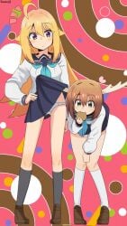 2girls accidental_exposure antlers assisted_exposure blonde_hair brown_hair embarrassed_underwear_female euf koshi_torako my_deer_friend_nokotan panties serafuku shikanoko_noko shikanoko_nokonoko_koshitantan skirt_lift upskirt visible_underwear wardrobe_malfunction