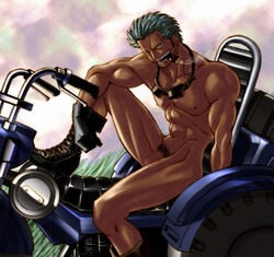 1boy abs boots censored cigar clothing eyewear footwear gloves goggles grass handwear male male_only motorcycle muscles nude one_piece outdoors penis sitting smoker_(one_piece) smoking solo straight_hair vehicle white_hair