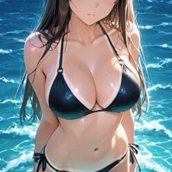 2025 ai_generated beach_background belly bikini_tan black_bikini blushing_at_viewer brown_hair_female eyes_covered instagram long_hair_female looking_at_viewer meta shy_at_viewer ten01c tummy unknown_character water_background wet_body