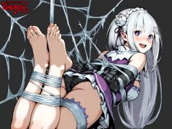 ai_generated barefoot captured captured_heroine emilia_(re:zero) feet foot_fetish foot_focus gigatsu re:zero_kara_hajimeru_isekai_seikatsu simple_background spider_web toes