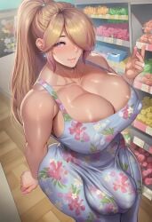 1boy 1male ai_assisted ai_generated big_ass big_bulge big_butt big_pecs big_pectorals blonde_hair bulge bulge_through_clothing dress feminine_faced_male feminine_male gay gay_male hair_over_one_eye long_dress long_hair long_ponytail male_only pecs pectoral_cleavage pectorals ponytail purple_eyes seductive_eyes seductive_look seductive_smile thick_thighs yaoi