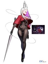 1girls absurd_res belly big_breasts blush bodystocking breasts female female_only hi_res holding_weapon hollow_knight hollow_knight:_silksong hornet_(hollow_knight) humanized insectoid knees light-skinned_female light_skin long_hair looking_away multicolored_hair navel nisp_art no_bra no_panties pink_hair poncho purple_eyes revealing_clothes skin_tight skinny skinny_waist solo standing stomach team_cherry thigh_gap thighs weapon white_hair