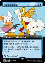 angstrom anthro back_pain bat breast_growth card card_game crop_top fox genderswap_(mtf) huge_breasts large_breasts magic_the_gathering miles_tails_prower mtf_transformation rouge_the_bat rule_63 short_shorts sigh sonic_the_hedgehog_(series) stretching surprised surprised_expression tails tails_the_fox trading_card transformation two_tails