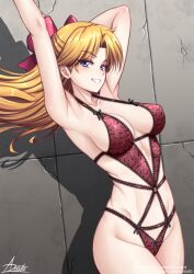 1girls adsouto adult_swim alluring arms_up big_breasts bishoujo_senshi_sailor_moon bishoujo_senshi_sailor_moon_r bishoujo_senshi_sailor_moon_r_the_movie bishoujo_senshi_sailor_moon_s_the_movie bishoujo_senshi_sailor_moon_supers bishoujo_senshi_sailor_moon_supers_the_movie blonde_hair blue_eyes bow cleavage collarbone hairbow high_res lingerie lips long_hair looking_at_viewer minako_aino navel parted_bangs pin_up red_bow sailor_venus smile thick_thighs thighs toei_animation toonami underwear