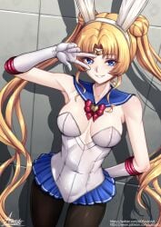 1girls adsouto adult_swim alluring animal_ear_hairband animal_ears arm_behind_back bishoujo_senshi_sailor_moon bishoujo_senshi_sailor_moon_r bishoujo_senshi_sailor_moon_r_the_movie bishoujo_senshi_sailor_moon_s bishoujo_senshi_sailor_moon_s_the_movie bishoujo_senshi_sailor_moon_supers bishoujo_senshi_sailor_moon_supers_the_movie blonde_hair blue_eyes blue_sailor_collar circlet covered_navel fake_animal_ears gloves grin hairband high_res leotard long_hair looking_at_viewer medium_breasts miniskirt nontraditional_playboy_bunny pantyhose pin_up rabbit_ears sailor_collar sailor_moon signature skirt smile strapless strapless_leotard toei_animation toonami twintails usagi_tsukino v v_over_eye variant_set very_long_hair white_gloves