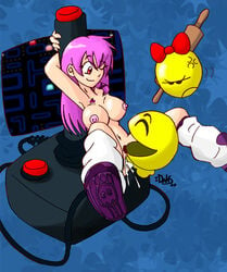 1boy 2009 2girls angry annoyed atari atari_2600 blinky_(pac-man) blue_background bow breasts character_request cheating cherry cum cum_in_pussy cum_inside dahs erect_nipples inky_(pac-man) joystick long_hair ms._pac-man naked nipples pac-man pac-man_(series) penis pinky_(pac-man) pubic_hair purple_hair pussy red_eyes rolling_pin sex shoes socks straight vaginal_penetration video_game white_skin yellow_skin