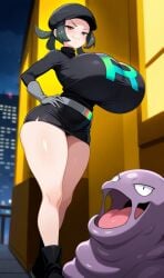 ai_generated big_breasts breasts city criminal female green_hair grimer pokemon smug team_rainbow_rocket_grunt_(female) teamrocktgrl thick_thighs