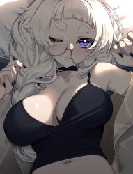 1girls bare_shoulders black_camisole black_choker black_nails blue_eyes blush breasts camisole choker cleavage collarbone commentary fingernails glasses highres large_breasts lips long_hair looking_at_viewer lying meg_(wakamepiza) mole mole_on_arm mole_on_armpit nail_polish navel on_back on_bed one_eye_closed original round_eyewear short_bangs short_eyebrows solo symbol-only_commentary thick_eyebrows thick_eyelashes wakamepiza white_hair yellow-framed_eyewear