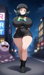 ai_generated big_breasts breasts city criminal female green_hair grimer pokemon smug team_rainbow_rocket_grunt_(female) teamrocktgrl thick_thighs