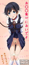 black_hair blush bondage breasts collar female green_eyes innie_pussy kitashirakawa_tamako leash panties panty_pull pubic_hair pussy rope scarlet_beast school_uniform solo standing tamako_market tears tied_hair twintails