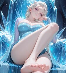 ai_generated barefoot blue_eyes braided_hair clothed elsa_(frozen) female female_focus female_only foot_fetish frozen_(film) head_rest highres large_breasts looking_at_viewer ngks seductive sitting smirking thighs white_hair
