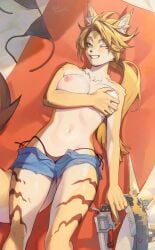 2025 5_fingers absurd_res anthro areola beach bikini bikini_bottom bikini_top biped black_stripes blonde_hair bottomwear breasts clenched_teeth clothed clothed_anthro clothed_female clothing countershade_fur countershade_torso countershading day digital_drawing_(artwork) digital_media_(artwork) felid feline female fingers fur green_eyes gun hair hand_on_breast hand_on_own_breast hi_res high-angle_view holding_gun holding_object holding_ranged_weapon holding_weapon inner_ear_fluff looking_at_viewer lying mammal mihoyo navel nipples on_back one_eye_closed open_bottomwear open_clothing open_pants outside pants partially_clothed partially_clothed_anthro partially_clothed_female pulchra_fellini ranged_weapon redlemon sand serval smile solo striped_body striped_fur stripes swimwear tail teeth thiren topless topless_anthro topless_female tuft two-piece_swimsuit weapon yellow_body yellow_fur yellow_tail zenless_zone_zero