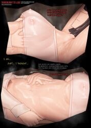 1boy absurdres armpits arrow_(symbol) black_hair bob_cut breasts closed_mouth commentary commission covered_nipples covering_privates english_commentary english_text female female_pubic_hair highres leoderorero limbus_company medium_breasts project_moon pubic_hair ryoshu_(project_moon) see-through_clothes see-through_towel short_hair sinclair_(project_moon) smile steam steaming_body straight wet wet_towel