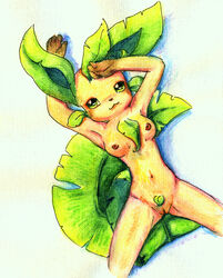 breast breasts colored_pencil_(artwork) eeveelution female female_only generation_4_pokemon highres leafeon nintendo pokemon pokemon_(species) pokemon_dppt pokemon_only pussy solo straight_hair traditional_media_(artwork)