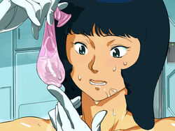 2009 black_hair blush condom cum fa_yuiry gloves gundam opocom saliva solo tan tanline used_condom volvox zeta_gundam