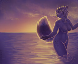 2012 anthro beach bell breasts canine clouds collar female fox fur furry hair lucy_foxx nipples nude seaside sunset wading water zambuka