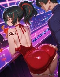 1boy 2025 ahoge ai_generated anime ass ass_grab bare_shoulders black_hair breasts buttocks cleavage cocktail_glass crossover cup dress drinking drinking_glass english_text female female_focus from_behind fruit grabbing_another's_ass groping highres hoyoverse huge_breasts indoors inside large_breasts long_hair male medium_breasts mihoyo multicolored_hair nsfw pantylines patreon patreon_username ponytail red_dress red_eyes red_hair rognezart short_dress sideboob skin_tight solo straight streaked_hair tight_dress two-tone_hair very_long_hair zenless_zone_zero zhu_yuan
