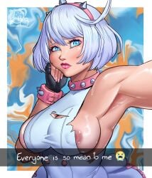 1girls 2025 areola_slip areolae armpits blue_eyes breasts collar elphelt_valentine english_text female female_only fingerless_gloves guilty_gear guilty_gear_strive hairband hi_res lipstick looking_at_viewer outstretched_arm razillon sideboob snapchat solo spiked_bracelet spiked_collar text torn_clothes white_hair