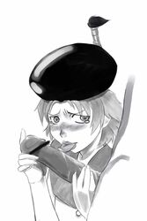 beret blush clothing fellatio hair licking melodye_(suikoden) monochrome oral paintbrush penis short_hair suikoden suikoden_i tears