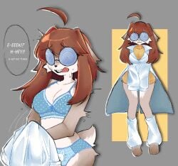 1girls 2025 ahoge anthro astral-stardust blue_bra blue_panties bra brown_hair bunny_girl cute embarrassed english_text furry glasses labcoat loose_socks nerd nerdy_female no_pants original panties polka_dot polka_dot_bra polka_dot_panties print_bra print_panties sweat sweatdrop sweater swirly_glasses tagme text thighs undressing wavy_mouth