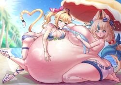 2girls :o @_@ dooby3d flying_sweatdrops from_side gigantic_ass gigantic_belly hololive hugging_belly hyper_belly hyper_pregnancy indie_virtual_youtuber large_breasts licking_lips looking_at_another looking_at_viewer multiple_girls open_mouth pregnant sameko_saba textless virtual_youtuber