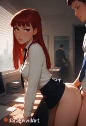 1boy 1girls ai_generated almost_caught annoyed annoyed_expression bangs bent_over bent_over_table blush cheating female female_focus long_hair looking_back office office_clothing office_lady on_desk original original_character perfect_body red_hair risky risky_sex sarahvividart seductive sex sex_from_behind shiny_skin straight_hair tagme tie
