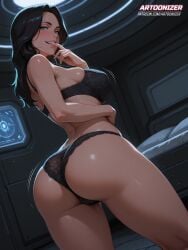 ai_generated artoonizer ass_focus big_ass big_breasts black_hair blue_eyes bubble_butt curvy dark_hair female finger_in_mouth flirting lace lace-trimmed_bra lace-trimmed_panties large_breasts light-skin light-skinned_female lingerie looking_at_viewer looking_back mass_effect miranda_lawson narrow_waist patreon patreon_username posing pussy sci-fi smile solo solo_focus teeth thick_thighs thigh thighs
