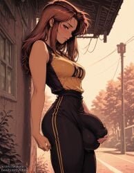 1futa ai_generated anime_style boosty_username brown_eyes brown_hair bulge futanari leggings self_upload sportswear stadium standing tight_pants twitter_username zymeasy
