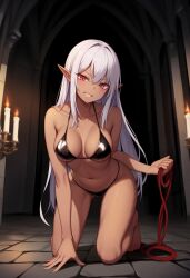 ai_generated barefoot black_outfit bondage dark_elf fantasy feet female lingerie long_hair pointy_ears red_eyes restraints rope soles tan_skin tied_up toes white_hair
