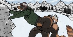 ailurid anal anthro ass athelwah beanie big_butt bodily_fluids bottomless bottomless_male canid canine canis clothed clothing cum dobermann domestic_dog duo erection female female_rimming_male genital_fluids genitals glans hat headgear headwear male male/female mammal nude oral outside penis pinscher red_panda rimming sex size_difference winter