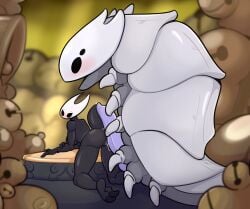 2_toes 4_eyes anthro anthro_on_feral arthropod arthropod_abdomen bell_beast_(silksong) big_penis black_body black_claws black_exoskeleton black_eyes blush bodily_fluids claws doodliedork exoskeleton feet female feral genital_fluids genitals grey_body grey_claws grey_exoskeleton hand_on_arm hi_res hollow_knight_(franchise) hornet_(hollow_knight) huge_cock imminent_sex larger_feral larger_male male male/female multi_eye no_pupils nude open_mouth penis precum purple_penis silksong size_difference smaller_anthro smaller_female team_cherry toe_claws toes vaginal_fluids vessel_(species) white_body white_exoskeleton zoophilia