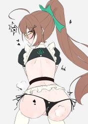 ahoge alternate_costume anus anus_peek apron ass black_panties black_shirt black_streaks blush bow brown_eyes brown_hair clothing_aside clothing_cutout commentary english_commentary female frilled_apron frills from_behind glasses green_bow grey_background hair_ornament hairbow hairclip heart heart_cutout highres hololive hololive_english long_hair looking_at_viewer looking_back magui3 multicolored_hair nanashi_mumei panties panties_aside ponytail puffy_short_sleeves puffy_sleeves pussy shirt short_hair short_sleeves side-tie_panties simple_background solo streaked_hair thighhighs uncensored underwear very_long_hair virtual_youtuber white_apron white_streaks white_thighhighs