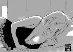 1girl absurdres bangs_pinned_back bare_shoulders bed_sheet bedroom breasts cleavage collarbone folded_hair from_side greyscale hair_pulled_back highres indoors inne_sulistya_robin large_breasts lying monochrome nightgown norman_maggot on_side one_eye_closed original pillow solo