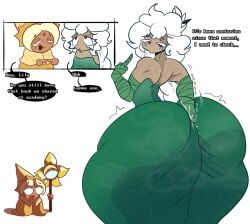 big_ass blonde_hair bodily_fluids cookie_run cookie_run_kingdom dark-skinned_female dark-skinned_male digging_up_in_they_ass green_dress hair_between_eyes hat moonrainum pink_eyes pure_vanilla_cookie shocked_expression staff text white_hair white_lily_cookie