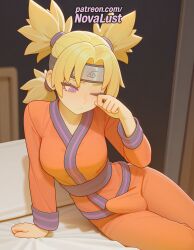 1futa 2025 ai_generated arm_support artist_name average_breasts blonde_hair blush breasts bust chest dougi english_text futanari hi_res high_quality high_resolution highres lying medium_breasts naruto_(series) normal_breasts novalust patreon patreon_username solo stable_diffusion temari twintails watermark