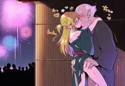 2boys ai_art ai_generated almost_caught ass ass_grab bare_legs bare_shoulders blue_eyes blush cheating cheating_boyfriend chinese_lantern earrings elf_ears femboy femboysub feminine_male feminization festival fireworks french_kiss gay gay_domination gay_kissing golden_hair groping_ass half-closed_eyes hands_on_neck heart hidden holding_ass holding_legs hylian kissing lantern link link_(breath_of_the_wild) link_(tears_of_the_kingdom) long_hair male male/male male_on_femboy male_only night nintendo novelai old_male old_man older_male_and_younger_male pale_skin panting pleasure_face public shy sissy submissive_femboy sweat text the_legend_of_zelda trap twink yaoi yukata